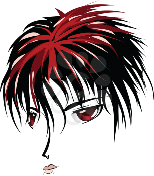 Cartoon vampire face with red eyes in anime, manga style.