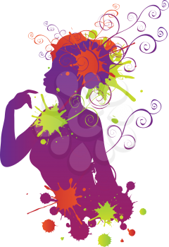 Colorful female silhouette with swirls and splatters on white background.