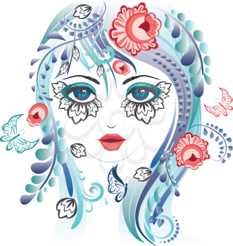 Abstract female portrait with colorful floral ornaments.