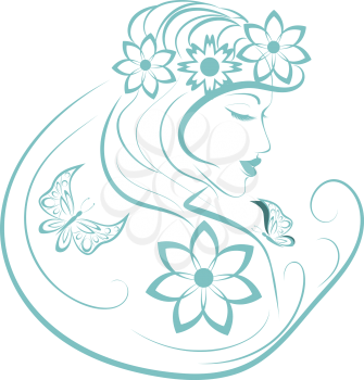 Stylized woman with butterfly and flowers, linear illustration