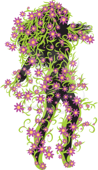 Illustration of female silhouette with green floral and pink flowers.