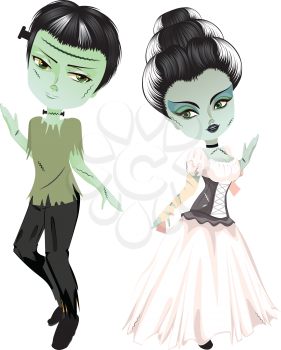 Cartoon Halloween monster characters Frankenstein and his bride.
