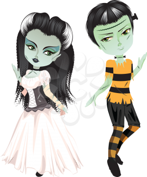 Cartoon Halloween monster characters Frankenstein and his bride.