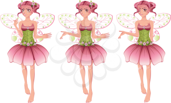 Cute cartoon fairy with pink hair in floral dress with wings.