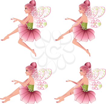 Cute cartoon fairy with pink hair in flower dress.