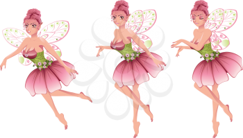 Cute cartoon fairy with pink hair in floral dress with wings.