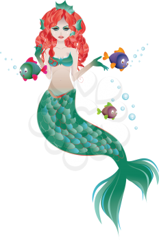 Cute cartoon mermaid with red hair and green tail.