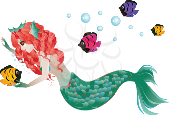 Cute cartoon mermaid with red hair and green tail.