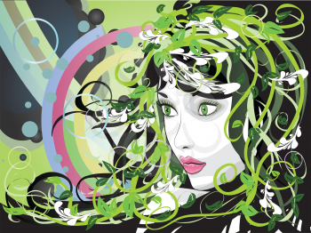 Illustration of spring girl portrait with green florals.