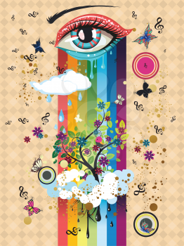 Surreal illustration with eye of blue and red color, clouds, butterflies and music notes.