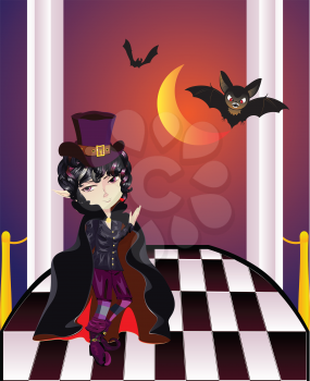 Cartoon vampire with bats on balcony with checkered floor.