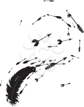 Silhouette of feather and abstract decorative arrows design.