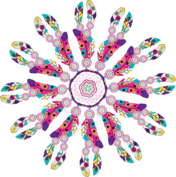 Decorative native dream catcher with colorful stylized feathers.