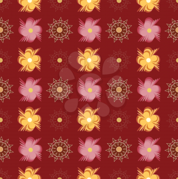 Pattern with abstract pink and yellow flowers on red background.