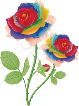 Vintage flower ornament with rainbow roses, floral composition.