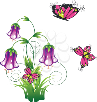 Cartoon bluebell flower with green leaves and swirls.