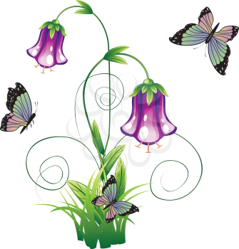 Cartoon bluebell flower with green leaves and swirls.