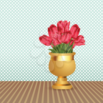 Bouquet of pink tulips in golden vase on the table.