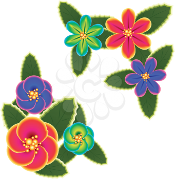 Abstract tropical flowers in different colors with leaves.