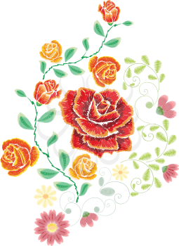 Decorative embroidery design with roses floral ornament.