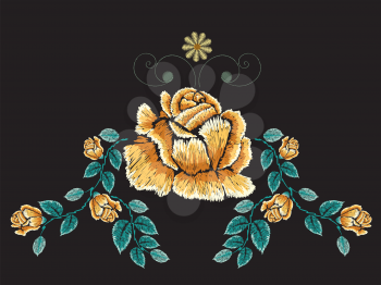 Decorative embroidery design with roses floral ornament.