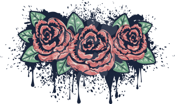 Retro stylized roses with grunge splatters, sketch style illustration.