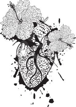 Grunge human heart with hibiscus flowers illustration.