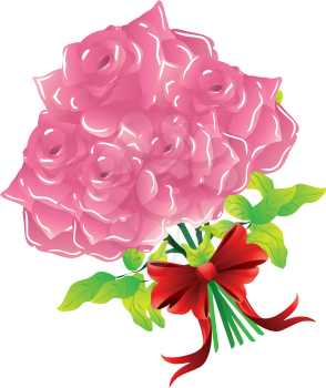 Illustration of pink roses with red bow on white background.