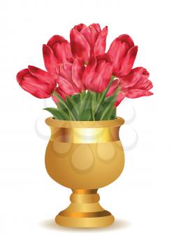 Golden vase with pink tulips on white background.