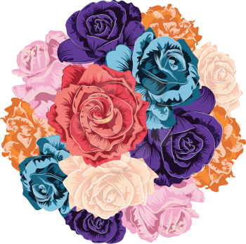 Decorative vintage roses in a bouquet, round floral composition.