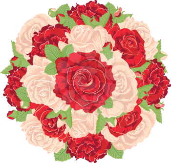 Decorative vintage roses in a bouquet, round floral composition.