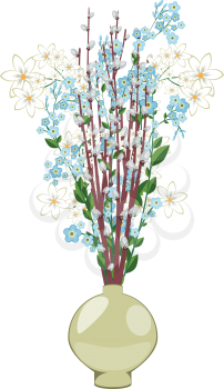 Colorful spring flowers in a decorative vase illustration.