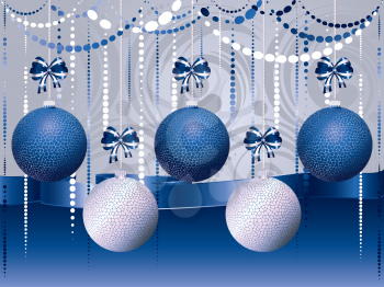 Decorative blue and white Christmas balls, holiday ornaments.