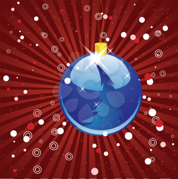 Illustration of blue Christmas ball on abstract red background with rays.
