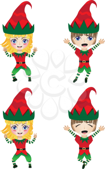 Cartoon little girl and boy wearing elf costume for holidays.