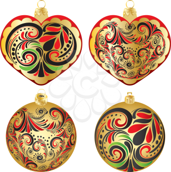 Festive Christmas balls decorated with folk patterns, floral ornaments.