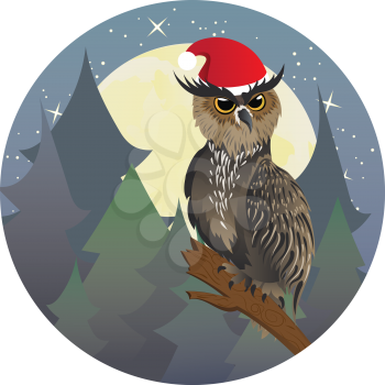 Cartoon great horned owl on a tree branch in Santa hat.