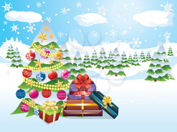 Cartoon Christmas tree with decorations and gifts on winter background.