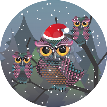 Curious cartoon owl wears red Santa hat.