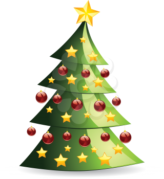 Illustration of decorated abstract Christmas tree on white background.