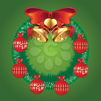 Stylized green Christmas wreath with colorful holiday decorations.