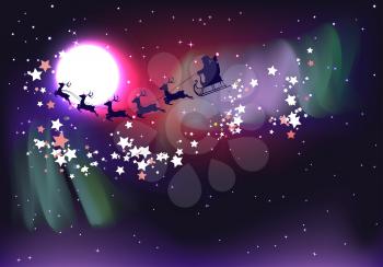 Silhouette of flying Santa Claus sleigh with deers over polar lights illustration.