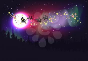 Silhouette of flying Santa Claus sleigh with deers over polar lights illustration.