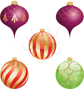 Colorful glossy Christmas ornaments on white background.