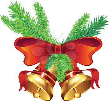Illustration of shiny golden Christmas bell decorated with red bow.