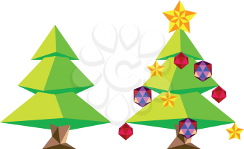 Decorated low poly green Christmas tree, holiday illustration in polygonal design.