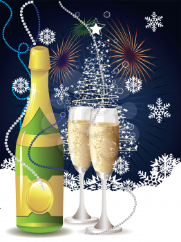 New year's card with champagne and decorative snowflakes.