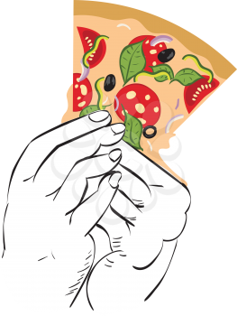 Cartoon delicious tasty pizza and human hands, food illustration.