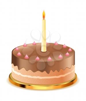 Delicious chocolate cake with candle on white background.