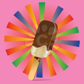 Tasty chocolate ice cream on stick over pink background.